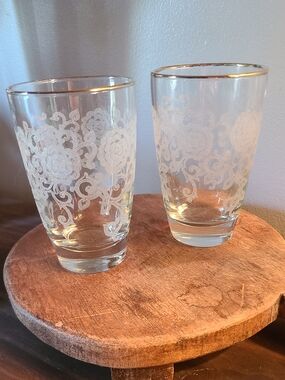Vintage Libbey Etched Glass Tumblers with Gold Rim (Set of 2)